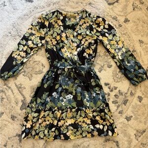 Floral Wrap Dress Blue and Yellow and Yellow Size Small Long Sleeve